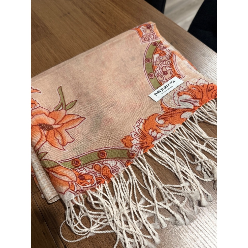 Vintage Pashmina Floral Medallion Scarf Orange Peach Sage Green Fringe Shawl - Picture 3 of 5